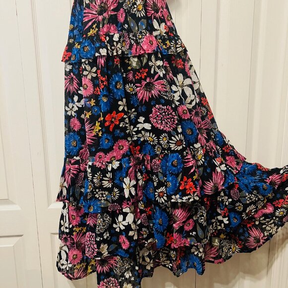 KoKo & Mason-Long Ruffled Floral Dress-Size X Small-Black/Pink Mix-Boho-Ruffles - Picture 6 of 16